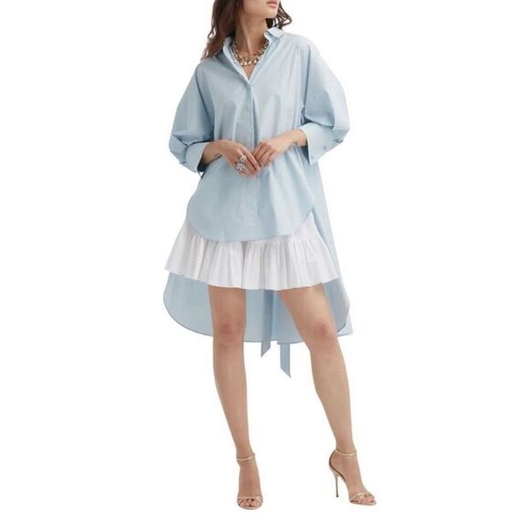 Oscar de la Renta Oversized High-low Stretch Cotton Shirt in Blue Topaz Size 10 - Picture 3 of 12